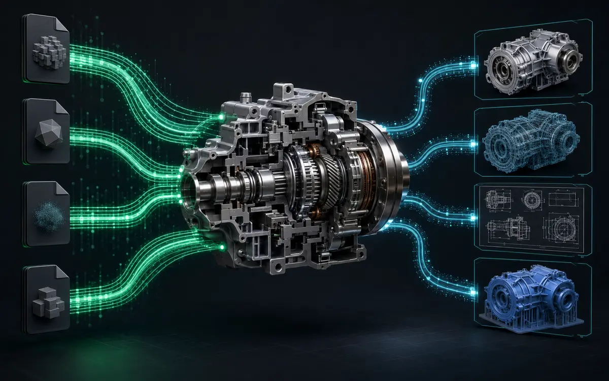 Mechanical CAD assembly connected to an automated multi-format conversion pipeline